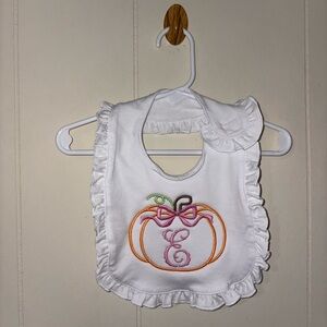 White Bib with Pumpkin Design- E monogram